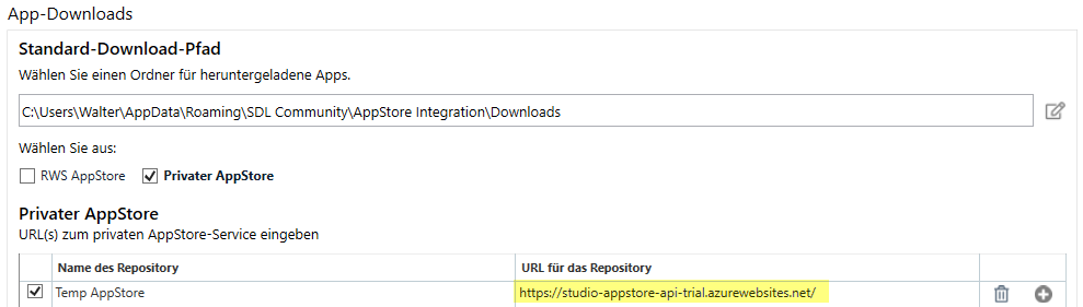 Trados Studio App-Downloads settings showing Standard-Download-Pfad with a file path, options for RWS AppStore and Privater AppStore selected, and a URL for the Privater AppStore repository.