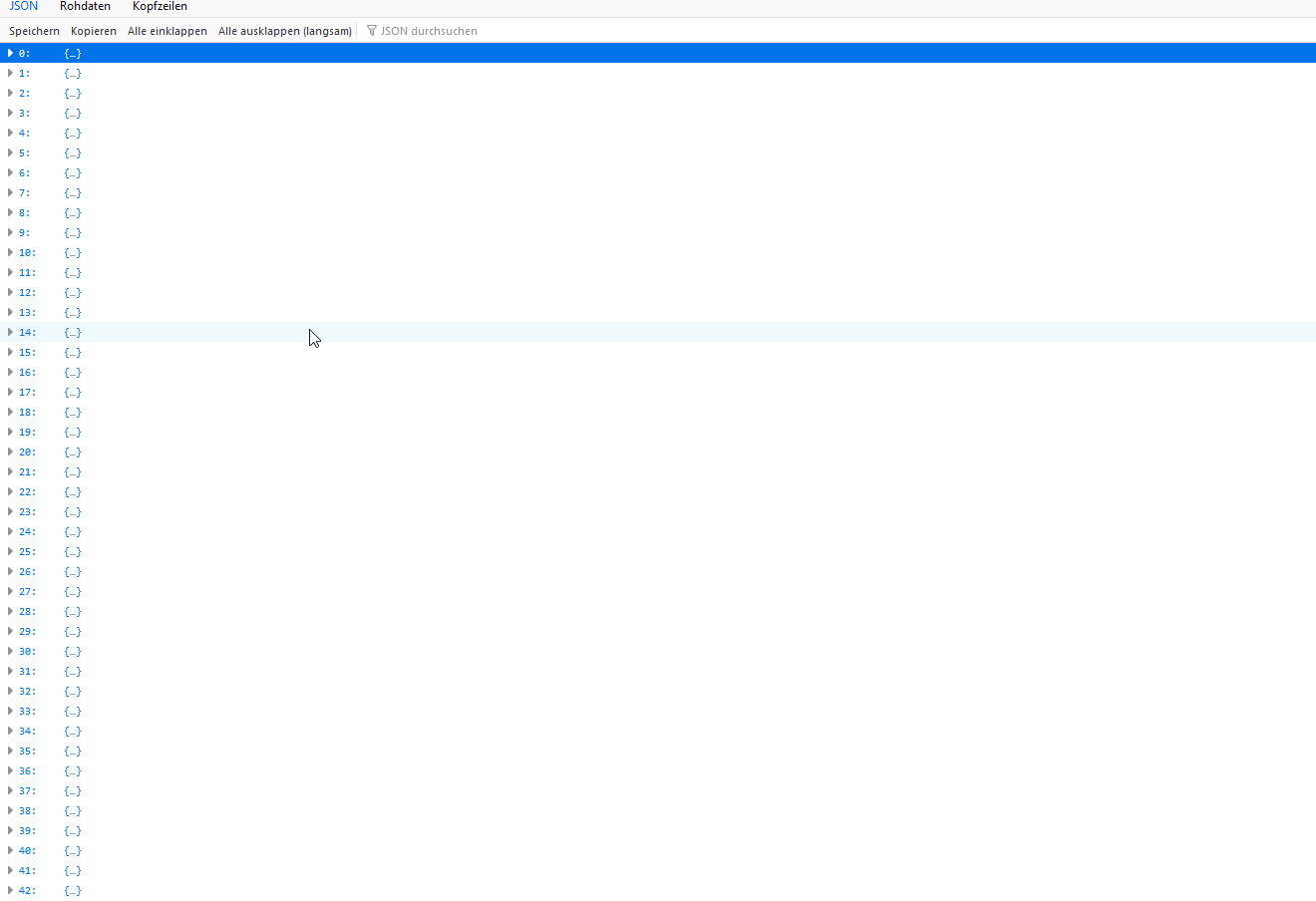 Browser displaying a blank page with JSON structure, indicating a possible error in loading the content or a misconfigured link.