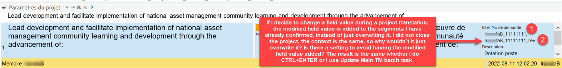 Trados Studio interface showing a translation segment with a warning message about changing a field value during project translation.