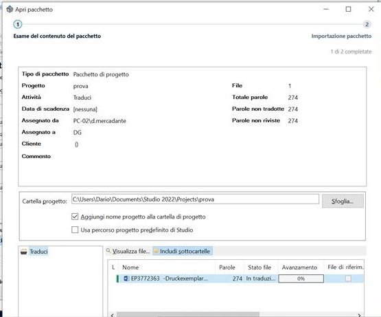 Trados Studio 'Open Package' screen showing project package details with one file, 274 total words, and all words not yet translated.