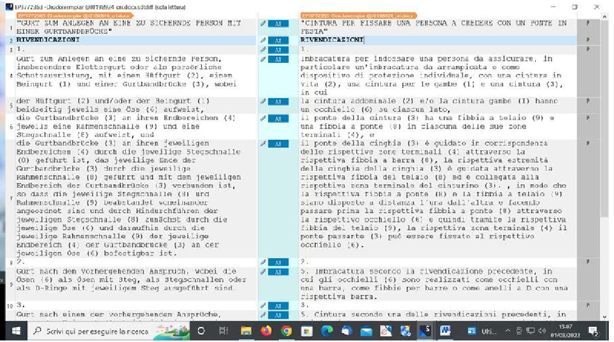 Trados Studio file view with uneditable right column displaying bilingual text in German and Italian with no visible errors or warnings.