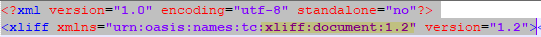 Screenshot of a text editor displaying the beginning of an XLIFF file with XML version and encoding declaration, followed by the start tag of xliff element with namespace and version attributes.