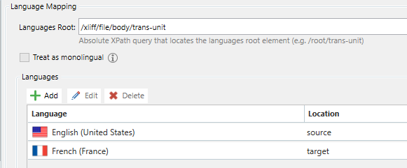 Screenshot of Trados Studio's Language Mapping settings with English (United States) set as source and French (France) set as target.