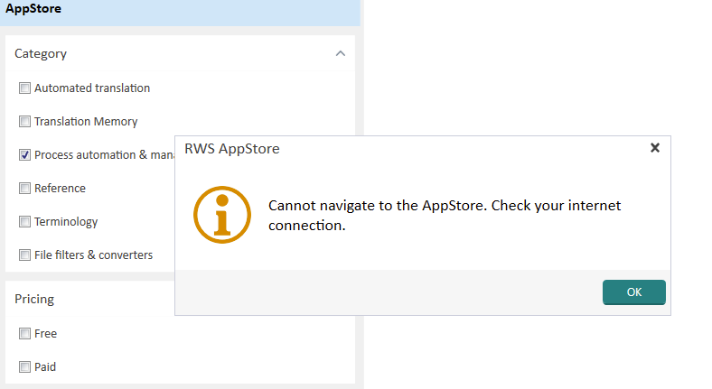Trados Studio AppStore window with an error message pop-up saying 'Cannot navigate to the AppStore. Check your internet connection.' with an OK button.