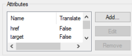 Screenshot of Trados Studio attribute settings showing 'href' and 'target' attributes set to 'False' for translation.