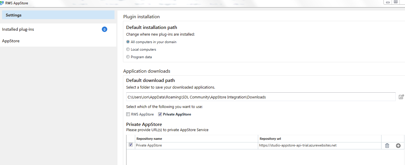 Trados Studio RWS AppStore settings screen showing options for plugin installation path, application downloads, and private AppStore with a repository URL entered.