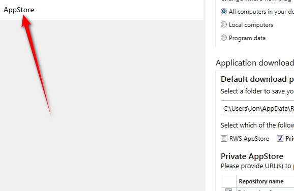 Screenshot showing Trados Studio settings with a red arrow pointing to the 'AppStore' tab on the left sidebar.
