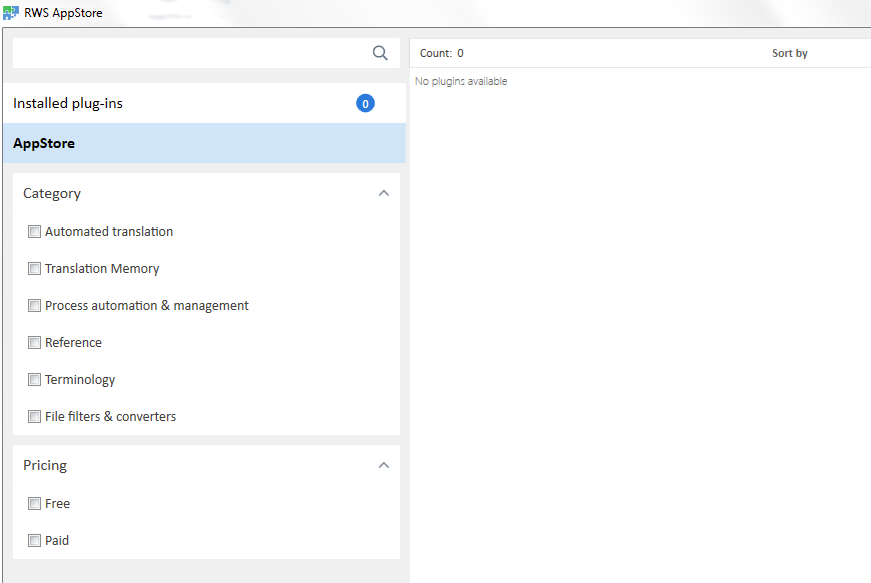Trados Studio RWS AppStore window showing zero installed plug-ins with categories like Automated translation, Translation Memory, and others listed on the left. A message on the right says 'No plugins available'.