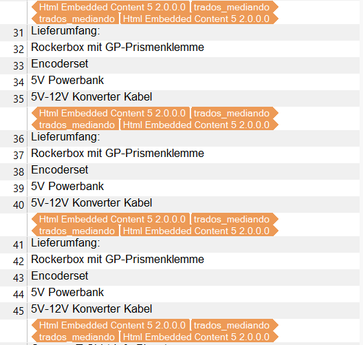 Screenshot of Trados Studio showing repeated segments in the translation grid. Each segment appears three times with identical content.