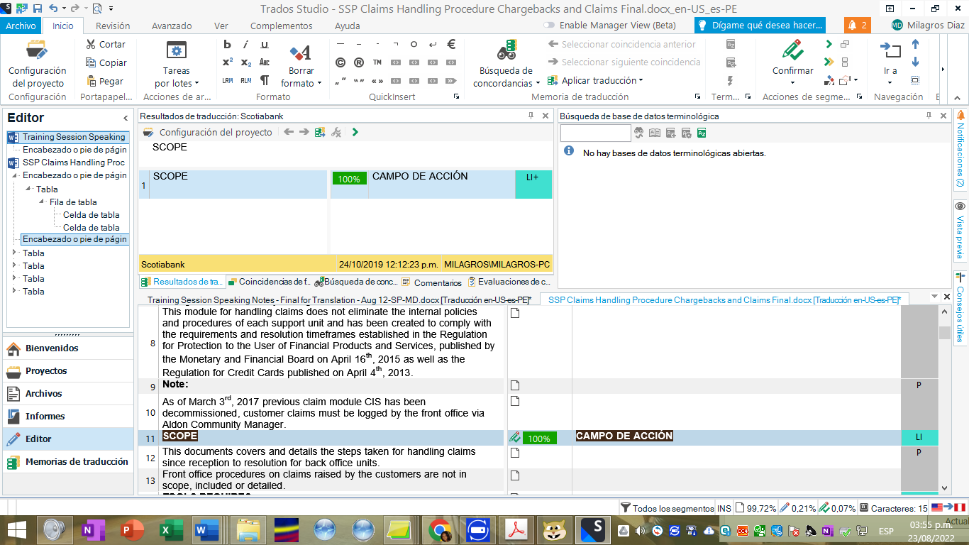 Screenshot of Trados Studio interface showing an open document for translation with a warning message 'No hay bases de datos terminologicas abiertas' indicating no term bases are open.