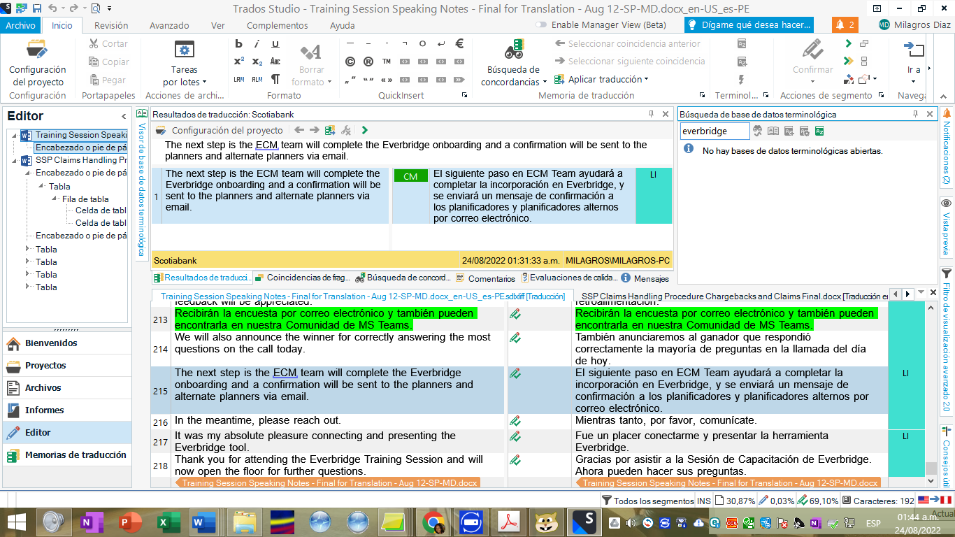 Screenshot of Trados Studio with an error message in the translation results pane indicating a mismatch in segment numbers between source and target texts.