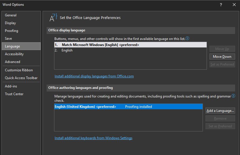 Screenshot of Word Options dialog box with Language tab selected, showing Office display language set to Match Microsoft Windows English preferred and English. Under Office authoring languages and proofing, English (United Kingdom) preferred with Proofing installed is highlighted.