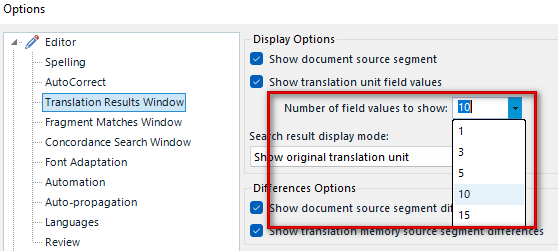Trados Studio options menu with 'Translation Results Window' selected, showing 'Display Options' with 'Number of field values to show' set to 10.