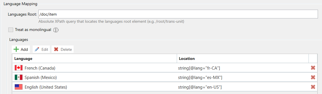 Trados Studio Language Mapping settings showing French (Canada), Spanish (Mexico), and English (United States) with their respective XPath locations.