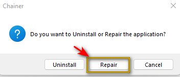 Confirmation dialog box asking 'Do you want to Uninstall or Repair the application?' with options Uninstall, Repair highlighted by a red arrow, and Cancel.