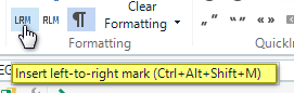 Close-up of Trados Studio toolbar with a cursor hovering over the 'LRM' icon displaying a tooltip that reads 'Insert left-to-right mark (Ctrl+Alt+Shift+M)'.