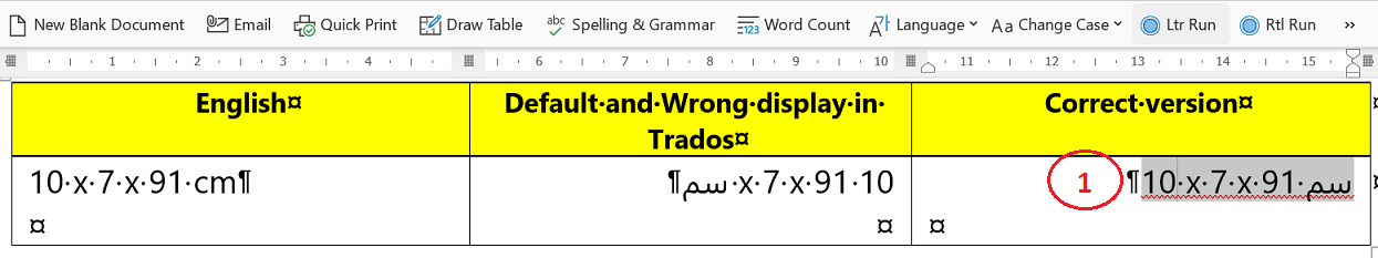 Screenshot of a Word document showing a table with three columns labeled English, Default and Wrong display in Trados, and Correct version. The correct version column shows a circled number 1 indicating the right display.