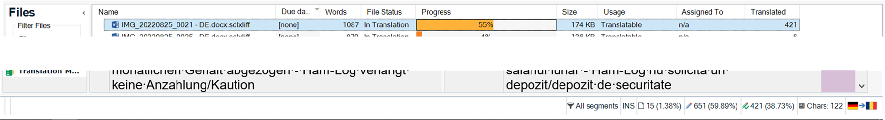 Screenshot of Trados Studio interface showing two files in translation with progress percentages of 55% and 40% respectively, and a detailed view of segment progress with percentages for segments, words, and characters.