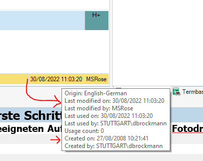 Screenshot of Trados Studio showing a translation segment with a datetime stamp at the bottom indicating last modification by user MSRose on 30082022 at 11:03:20.