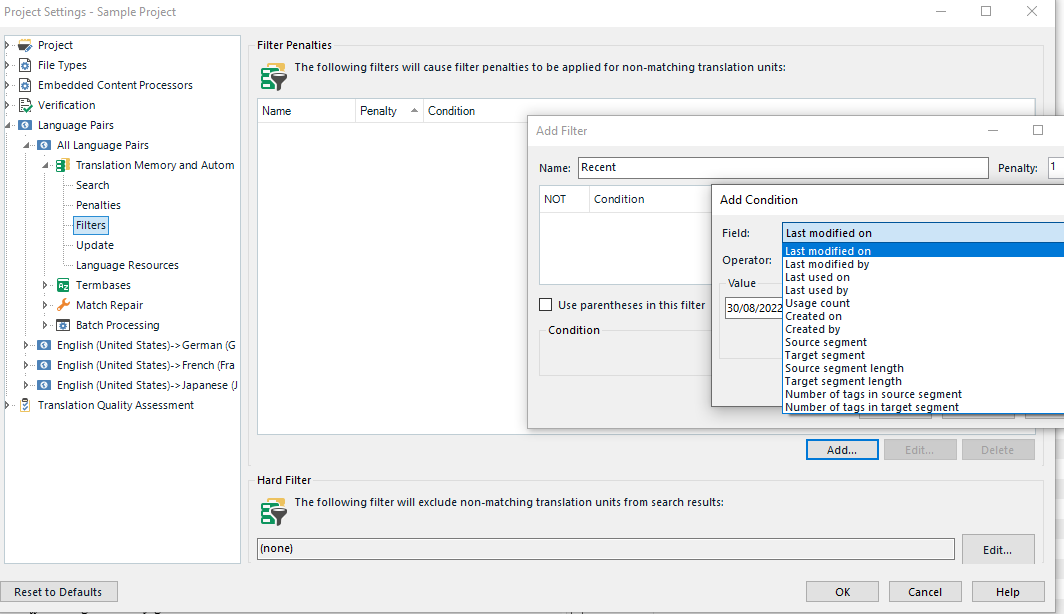 Screenshot of Trados Studio project settings with a focus on Filter Penalties section where a new filter named 'Recent' is being created with conditions based on the last modified date.