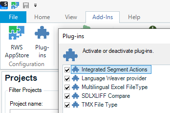 Trados Studio screenshot showing the Plug-ins menu with 'Language Weaver provider' checked among other plug-ins.