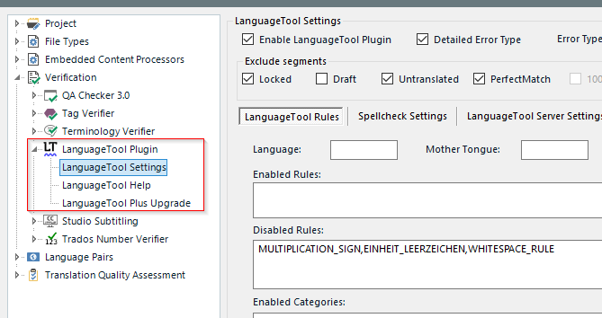 Trados Studio interface showing the LanguageTool Plugin settings with options to enable the plugin, exclude segments, and detailed error type.