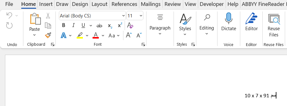 Microsoft Word document with the text '10 x 7 x 91' followed by Arabic characters.