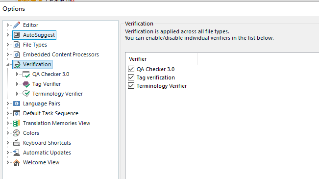 Trados Studio options menu with Verification selected, showing QA Checker 3.0, Tag verification, and Terminology Verifier options, but missing Number Verifier.