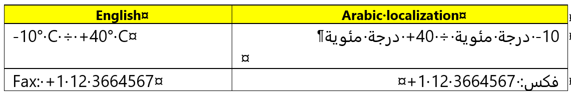 Screenshot of Trados Studio showing a table with two columns labeled English and Arabic localization. The English column displays '-10  C to +40  C' and 'Fax: +1 12 3664567'. The Arabic column shows the same information with Arabic script and numbers.