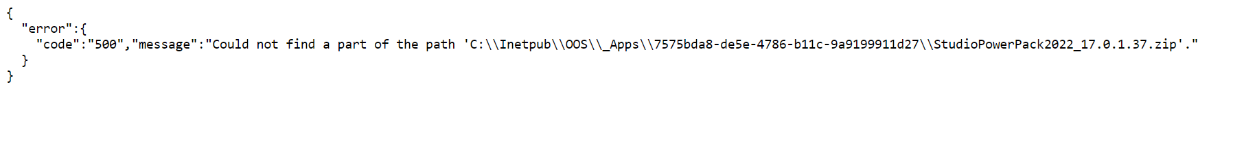 Error message displaying code '500' with message 'Could not find a part of the path' for a .zip file related to Trados Studio PowerPack 2022.