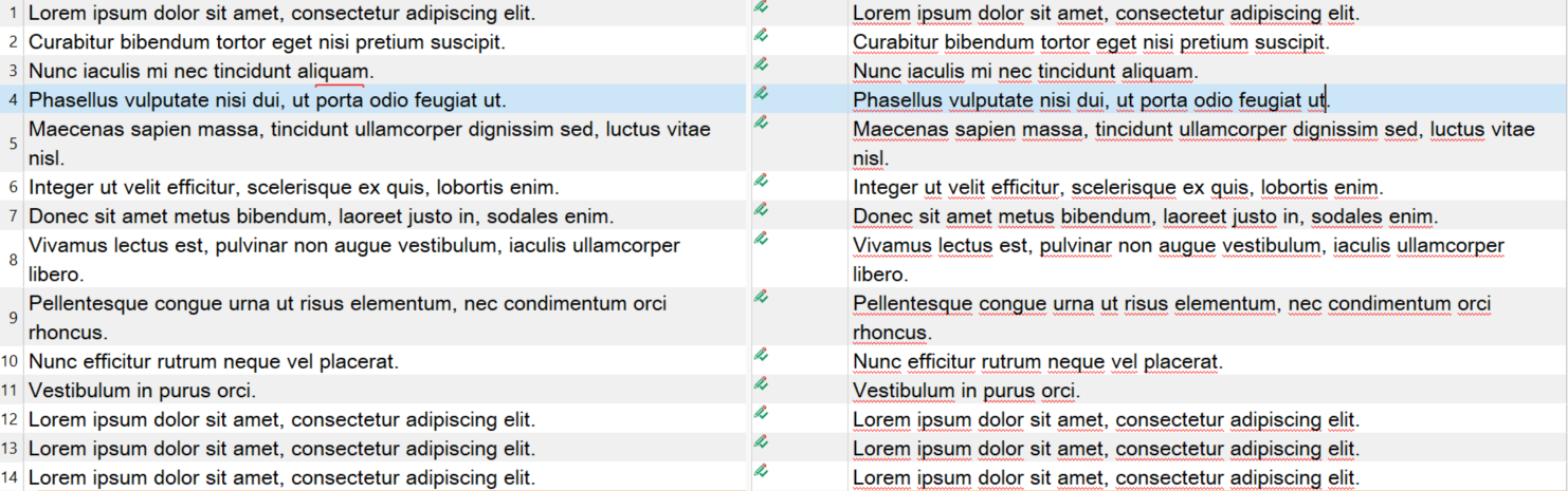 Screenshot of Trados Studio editor showing segmented source text with line breaks and corresponding target text without line breaks.
