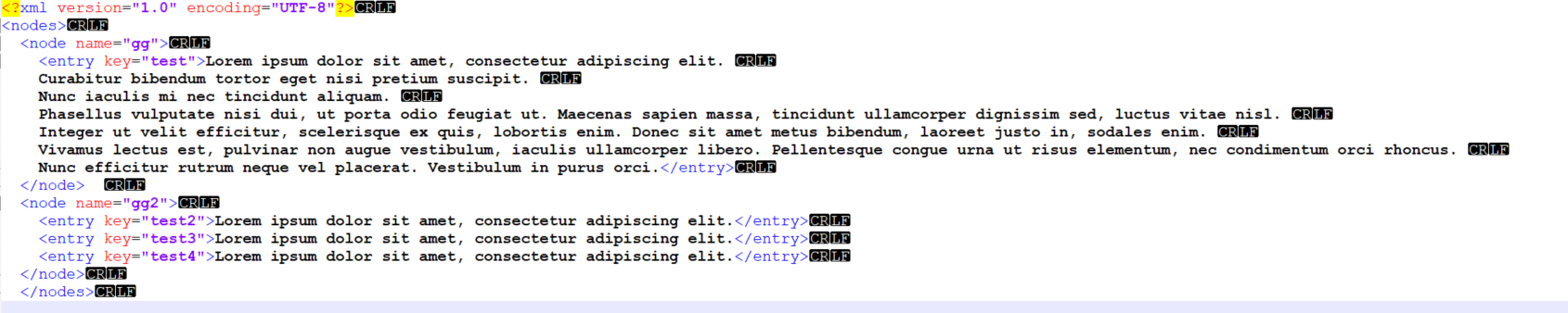 Screenshot of an XML file with line breaks indicated by CRLF within the text content of elements.