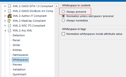 Trados Studio screenshot showing the 'Whitespace in content' settings with 'Always preserve' selected.