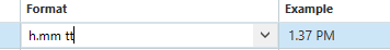 Screenshot of Trados Studio showing a corrected format example with 'h.mm tt' resulting in '1.37 PM'.