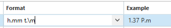 Screenshot of Trados Studio showing a format example with 'h.mm t.m' resulting in '1.37 P.m'.
