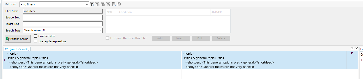 Translation Memory search window in Trados Studio displaying source and target text with raw HTML tags.