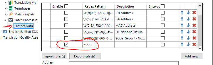 Data Protection Suite rule setup in Trados Studio with a regex pattern for content between angle brackets.