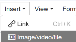 Trados Studio screenshot showing the Insert menu expanded with options for Link (Ctrl+K) and Imagevideofile.
