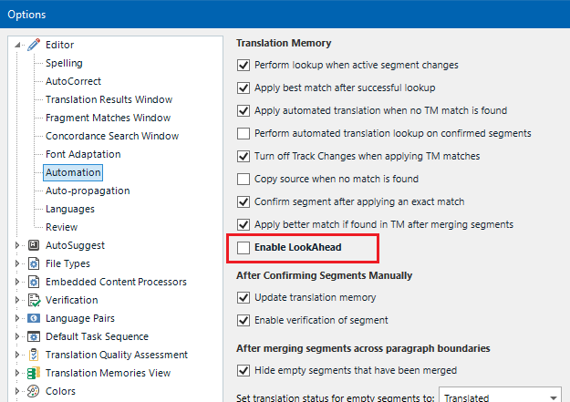 Trados Studio Options window showing Automation settings with 'Enable LookAhead' feature checked in red box.