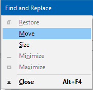 Context menu with options Restore, Move, Size, Minimize, Maximize, and Close for the Find and Replace window in Trados Studio.