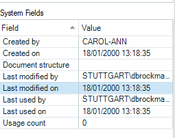 Screenshot of Trados Studio System Fields showing metadata such as Created by CAROL-ANN, Created on 18012000 13:18:35, and Usage count 0.