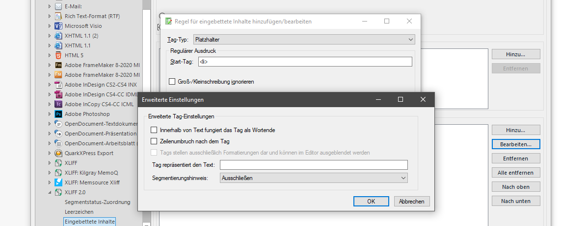 Trados Studio dialog box for addingediting rules for embedded content with options for tag type, regular expression, start tag, and checkboxes for ignoring case and extended settings.