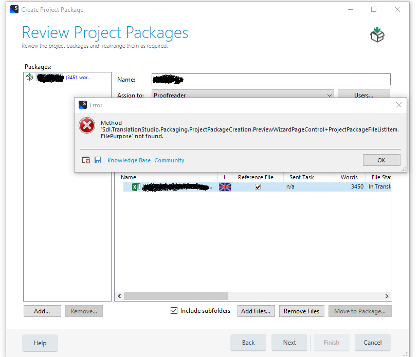 Trados Studio error message: 'Method 'Sdl.TranslationStudio.Packaging.ProjectPackageCreation.PreviewWizardPageControl+ProjectPackageFileListItem.FilePurpose' not found.' in the Review Project Packages window.