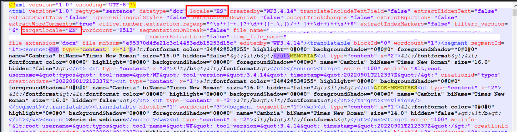 Screenshot of an XML code snippet with UTF-8 encoding and various attributes such as locale set to 'ES' for Spanish and target locale set to 'EN' for English.