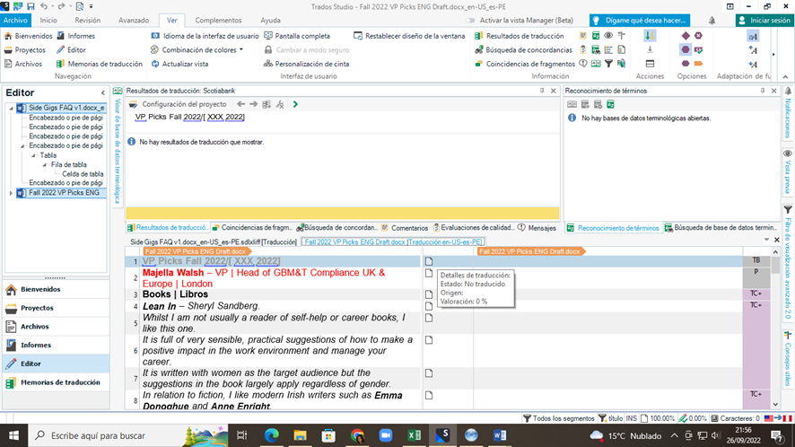 Trados Studio editor window displaying no translation results for the term 'Scotiabank' and a highlighted untranslated segment.