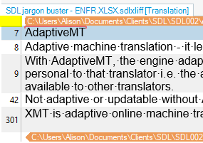 Screenshot of Trados Studio displaying filtered segments containing the word 'adaptive' in an SDLXLIFF file.