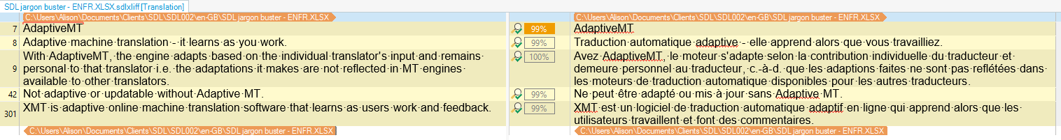 Screenshot of Trados Studio with segments discussing 'AdaptiveMT' and match percentages in English and French.