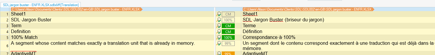 Screenshot of Trados Studio with a side-by-side comparison of segments in English and French, including match percentages.
