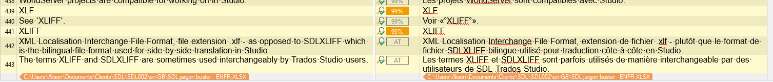 Screenshot of Trados Studio showing segments with match percentages and a highlighted term 'XLIFF' in English and French.