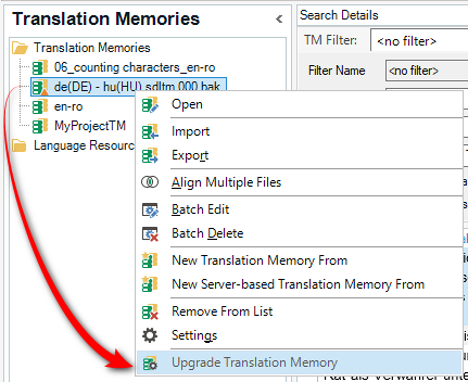 Screenshot of a right-click context menu in Trados Studio with the option 'Upgrade Translation Memory' highlighted, indicating the action to resolve the warning.